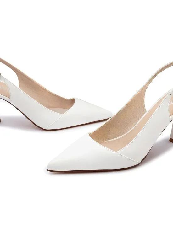 Women's White Pu Kitten Heels Slingback Pump Pointed Toe Stiletto Shoes - Picture 6 of 7